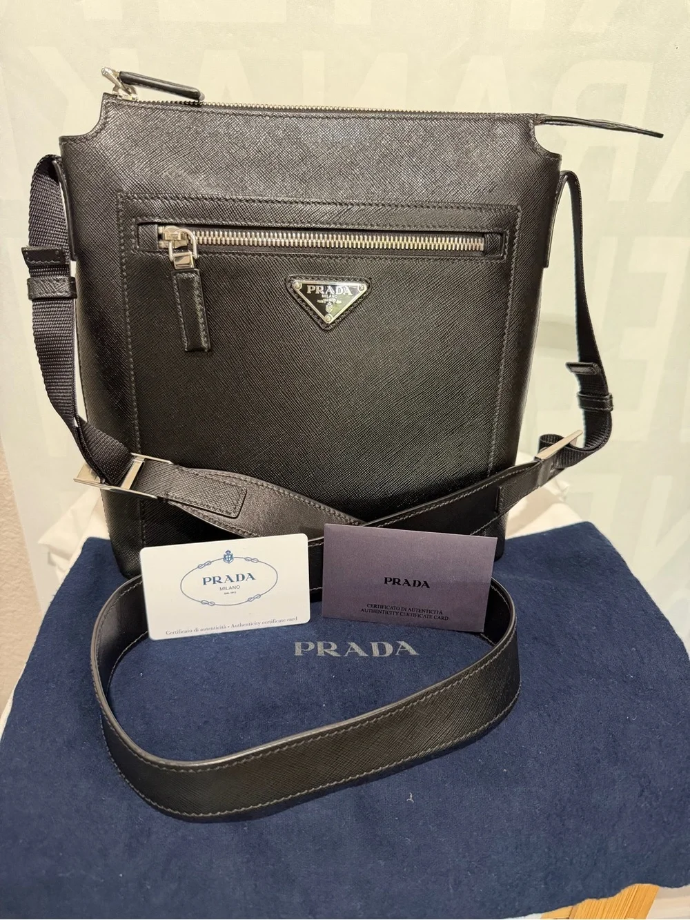 Prada Black Saffiano Leather Messenger Bag with Silver Hardware